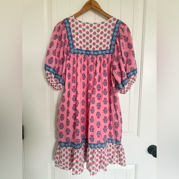 Old Navy Pink Blue Floral Boho Puff Sleeve Mini Swing Dress Tie Neck Large - Picture 2 of 8